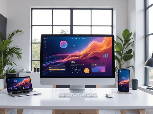 GPT.WANG域名展示图，显示域名在各种应用场景中的效果，包括网站界面、手机屏幕、电脑显示器等，背景为现代科技感的蓝色渐变，周围有发光粒子效果